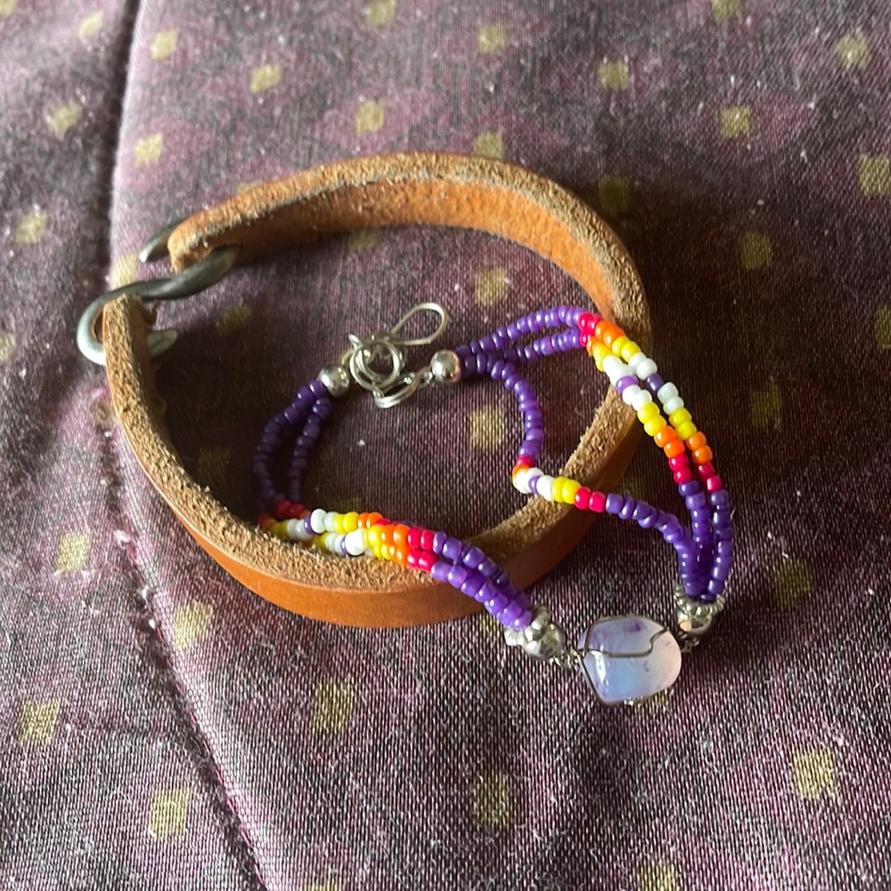 Leather bracelet & purple bead crystal pendant
